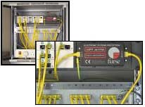 A Furse ESP Net 100/PoE protecting a hub from transient overvoltages on a network connection with another building