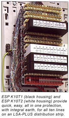 ESP K10T1 & ESP K10T2 installed on an LSA-PLUS distribution strip